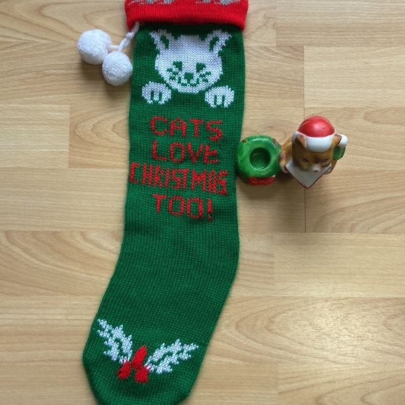 Vintage Christmas cat items- stocking and candle holder - Picture 9 of 9